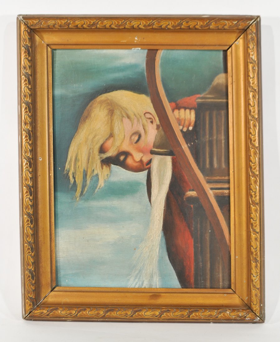 WPA O/B GIRL WITH WATER FAUCET: Oil on masonite board, not signed.Dimensions: Frame H 19" x W 15", sight H16" xW 12"Condition: good, surface dirt scuff marks.