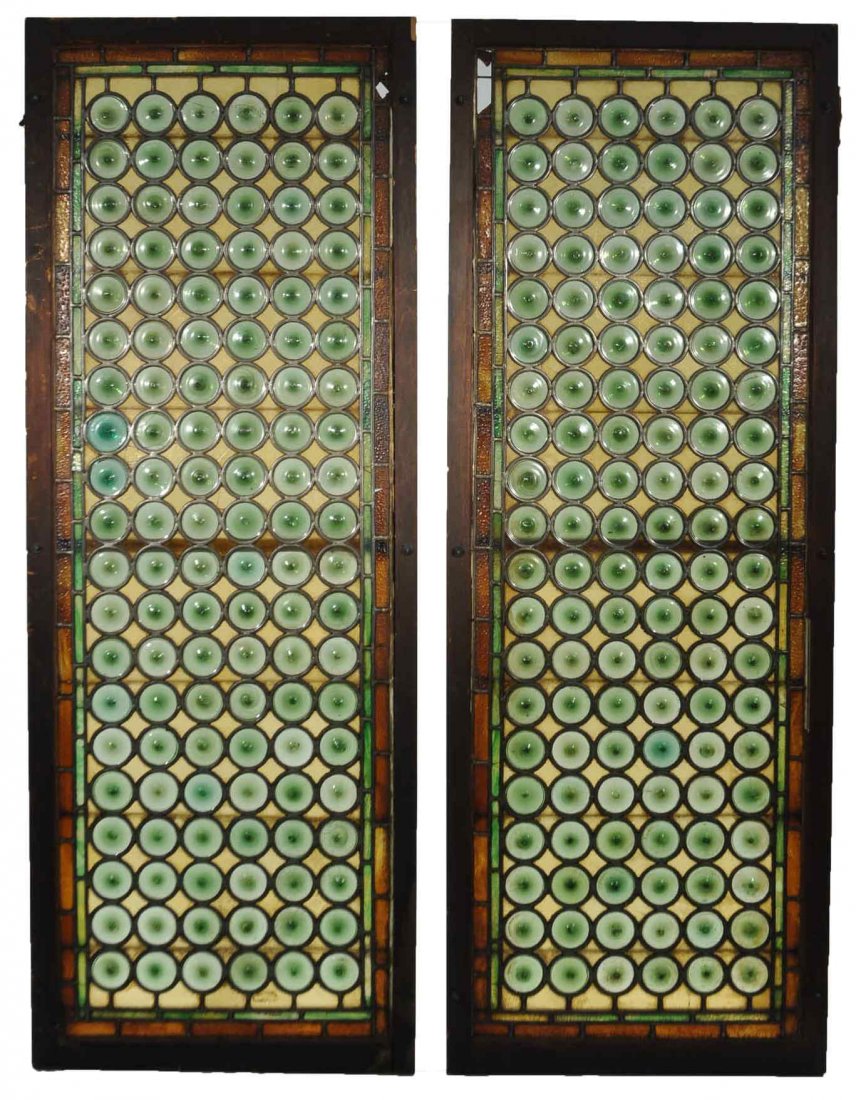 PAIR BOTLLE GLASS LEADED WINDOW DOORS RED BARN (1 of 10)