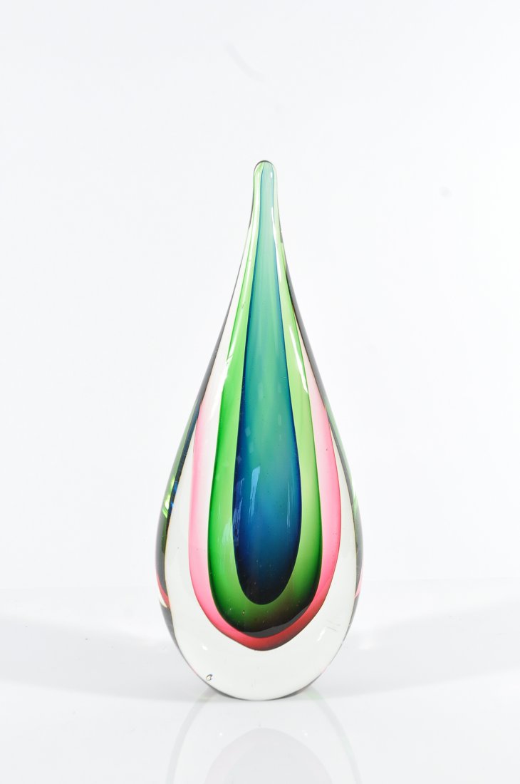FLAVIO POLI SOMMERSO "TEARDROP" GLASS SCULPTURE: Unmarked, sticker residue to bottom Dimensions: H 11.5" x W 4" x D 3" Condition: good, a few small fleabites to base