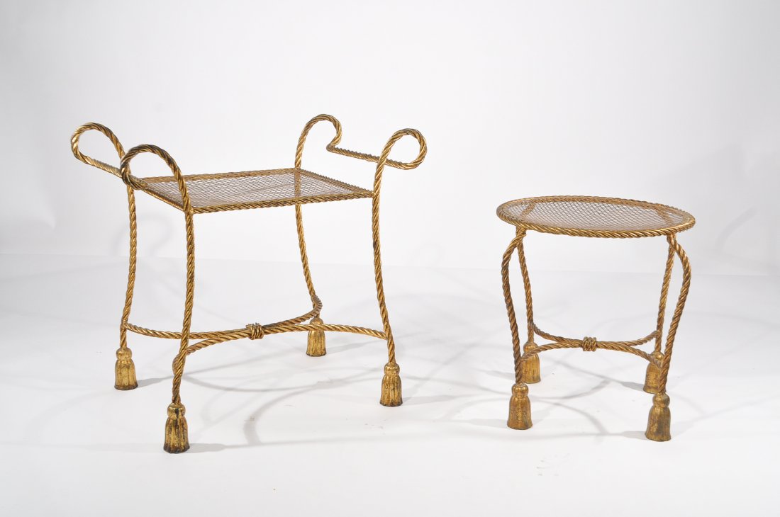 HOLLYWOOD REGENCY GILT METAL TASSEL SIDE TABLES (1 of 10)