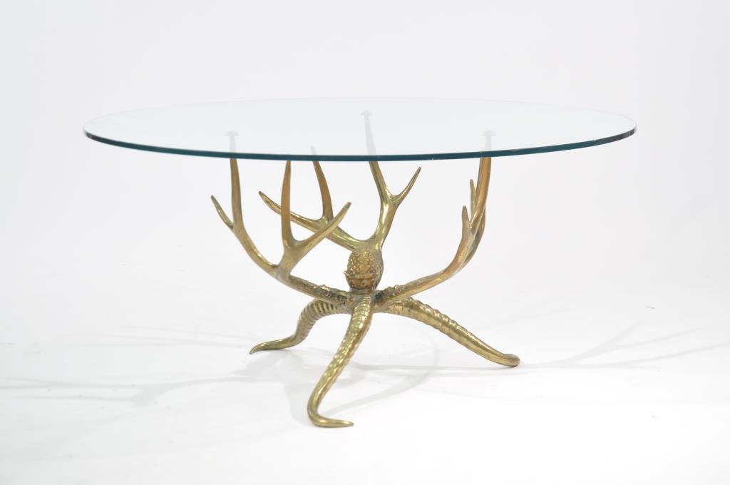 BRASS ANTLER & HORN GLASS TOP COFFEE TABLE (1 of 7)