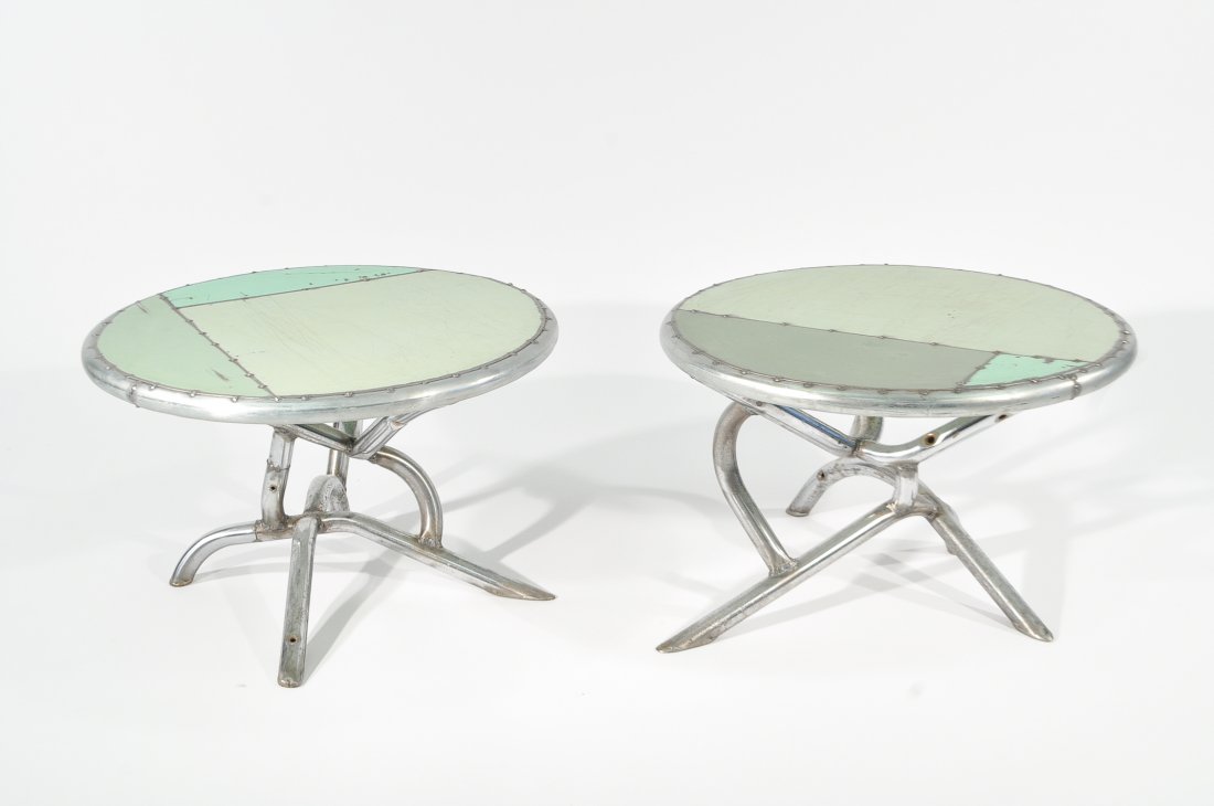DOUG MEYER INDUSTRIAL METAL PATCHWORK END TABLES: Rustbelt Rebirth Contemporary, signed to bottom Dimensions: H 12" x Diameter 13" Condition: good, industrial