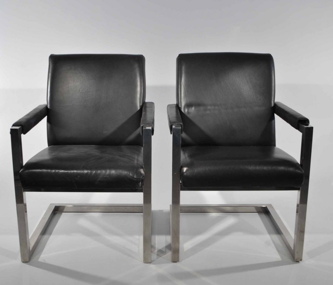 PAIR OF RALPH LAUREN LEATHER & CHROME CHAIRS: For Henredon, black leather and chrome Dimensions: H 38" x W 24" x D 28" Condition: good, chrome is bright, seats are plush, leather has some wear from use