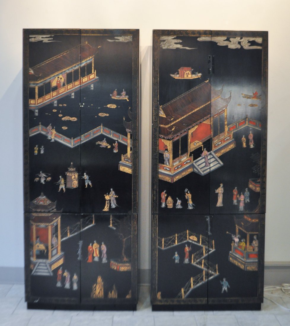 PAIR OF HENREDON CHINOISERIE CABINETS: Dimensions: H 84" x W 34" x D 20" Condition: good, some losses to lacquer, nice pieces