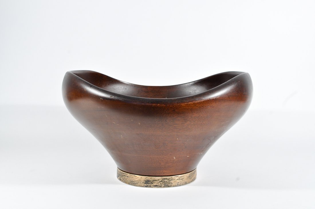 RICHARD HUDSON TURNED, STERLING FOOTED BOWL: Revere Silver, sterling footed, branded to bottom Dimensions: H 9" x W 14" x D 14" Condition: good, one ding to mouth