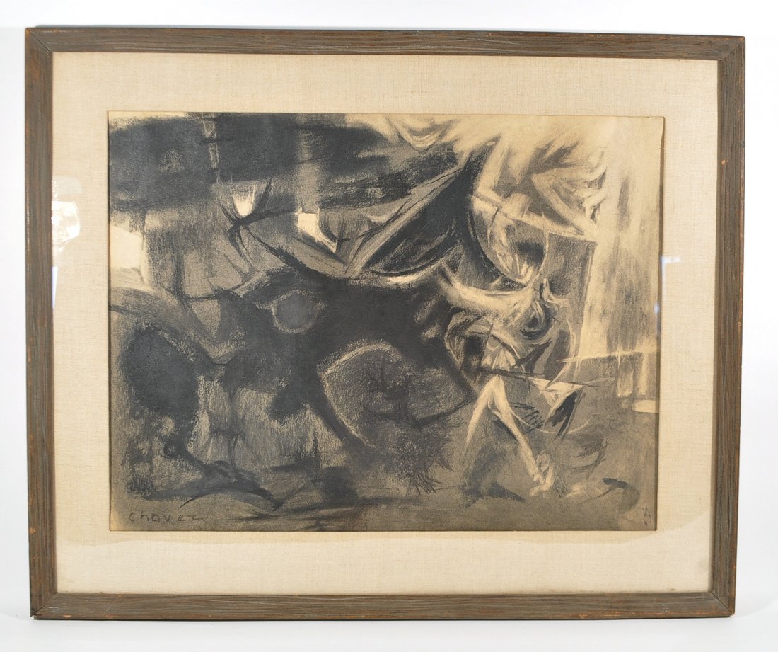 EDWARD CHAVEZ (MEX/AMER. 1917-1995): Untitled (abstract animal) Charco on paper, signed CHAVEZ lower left. Dimensions:H24" x W29.5" paper,H17.5" x W23.5" Condition: good.