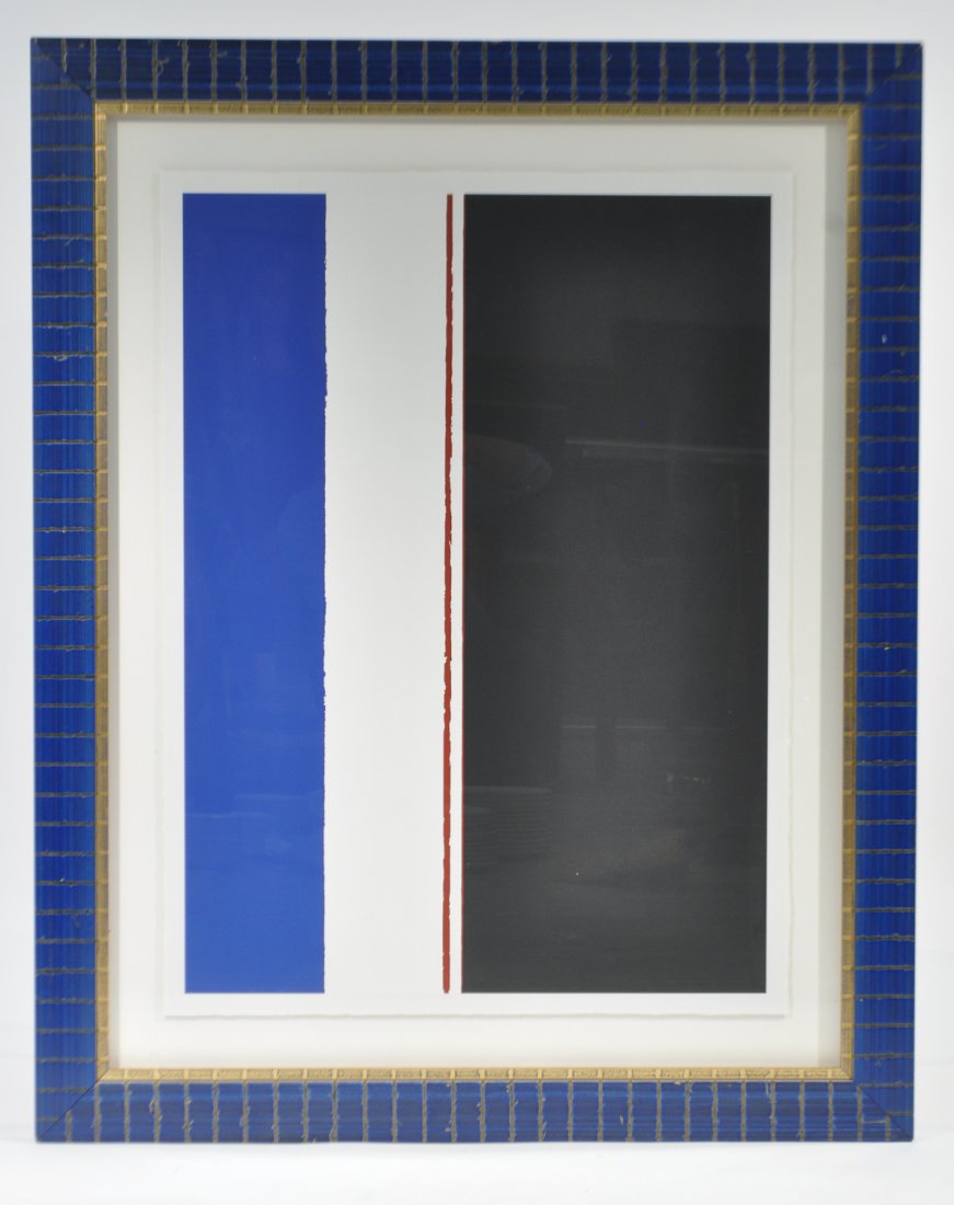 AFTER BARNET NEWMAN PRINT: Behind glass frame, unsigned Dimensions: H 44.5" x W 35.5" frame; H 35.5" x W 24.5" sight Condition: good, no noticeable issues, glue mounted to backing