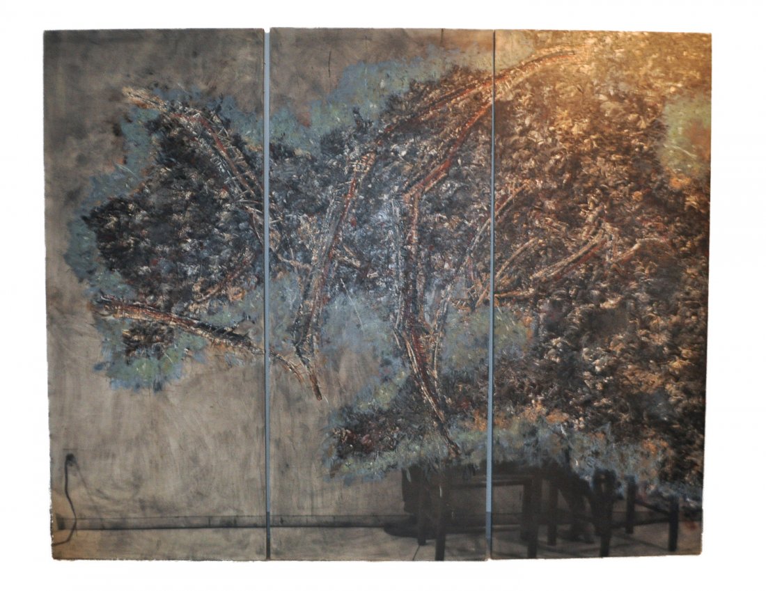 LYNTON WELLS (AMERICAN, B. 1940) PAINTING: Oil on photosensitized linen, signed verso, a monumental work Dimensions: H 108" x W 44" each panel, 132" width total Condition: good, a 4" tear to bottom left on left piece, (2) small tears to bottom