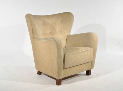 THORALD MADSEN JR. DANISH LOUNGE CHAIR: Marked to bottom Thorald Madsen Snedkeri KobenhavnDimensions: H 35" x W 33" x D 31"Condition: good, some small marks to upholstery