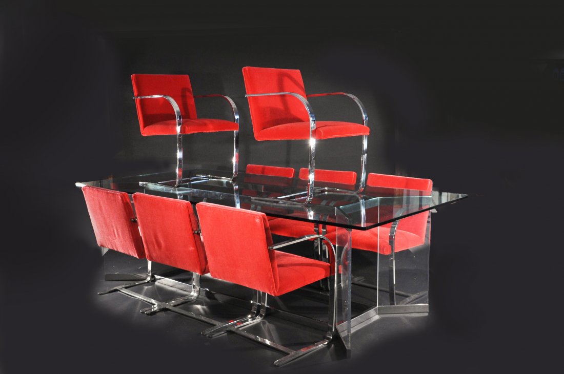 PACE & BRUETON DINING SUITE: Pace & Brueton, Rectangular dining table & 8 chairs, USA, 80s, unmarked, stainless steel, lucite, glass, mohairDimensions: H 30" x W 100" x D 47.5" tableCondition: good, chrome is bright, some surface