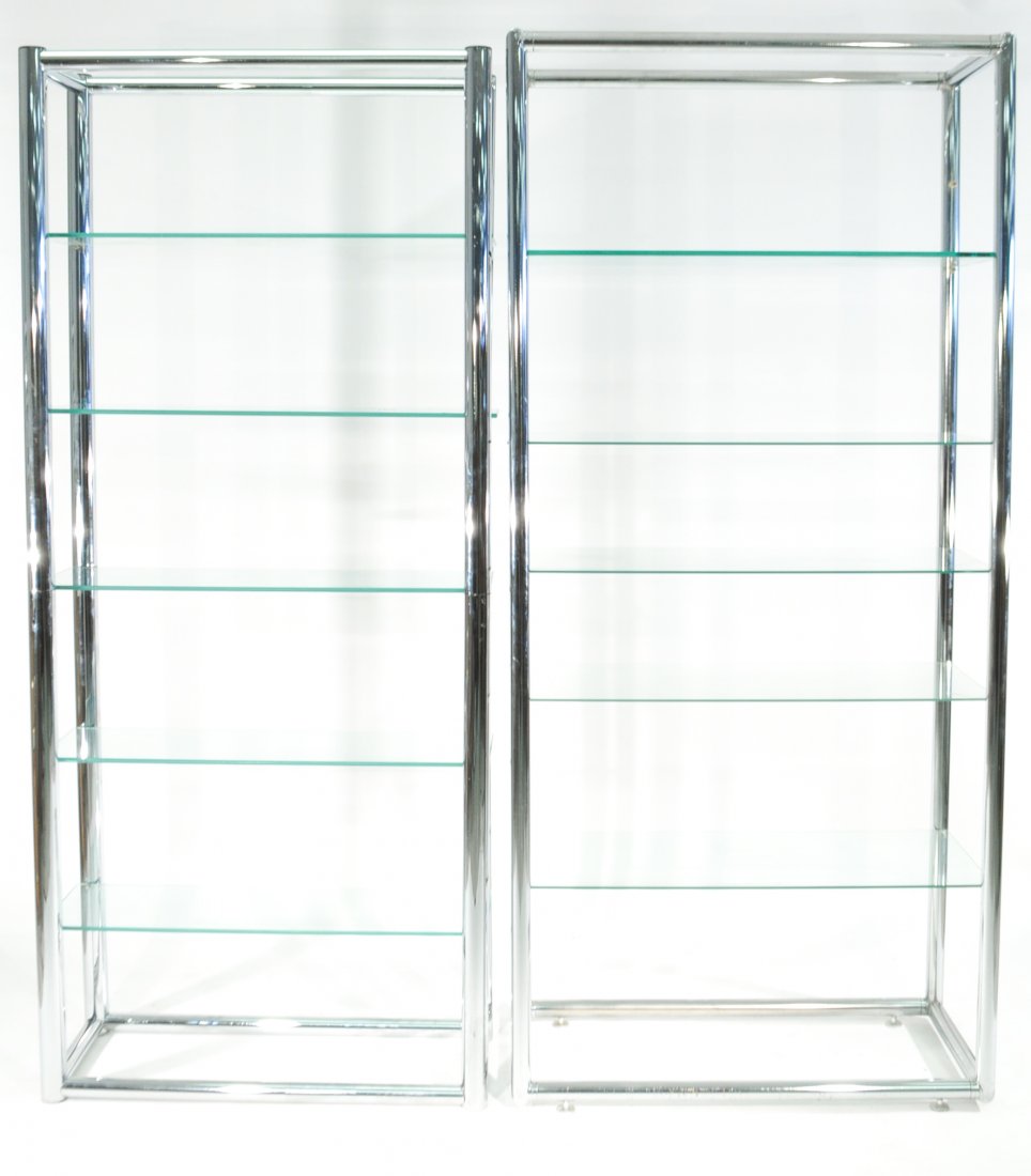 (2) MODERN CHROME GLASS ETAGERES (1 of 5)