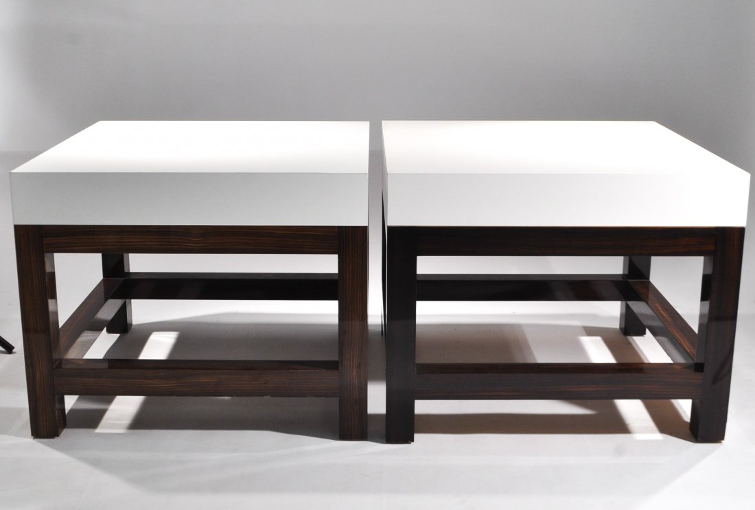 JOHN HUTTON (ATTR.) PAIR OF SIDE TABLES: USA, 2000s, unmarked, lacquered & macassar ebonyDimensions: H 24" x W 30" x D 30"Condition: good, some small dings on edges, a veneer loss on one foot at corner