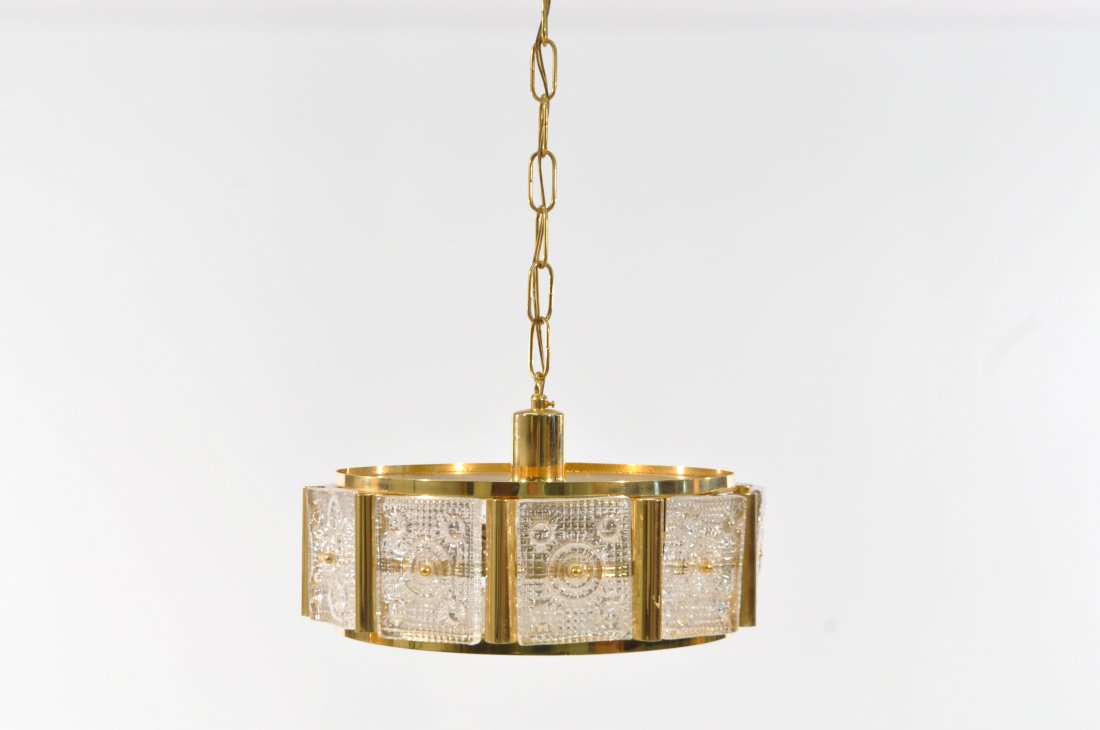 CARL FAGERLUND; ORREFORS PENDANT LAMP: Brass and pressed glass, 1950'sDimensions: H 6" x Dia. 14"Condition: good
