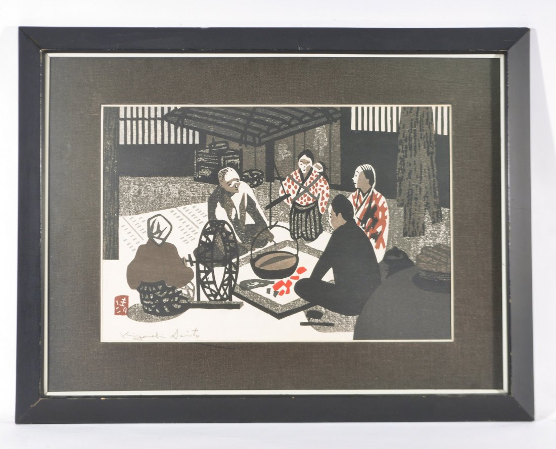 KIYOSHI SAITO (JAPANESE, 1907-1992) WOODCUT: "Village Family" Color woodcut, signed and red stamped chop left side. Dimensions: 17" x W 22", sight H 9 3/4" x W15" Condition: good