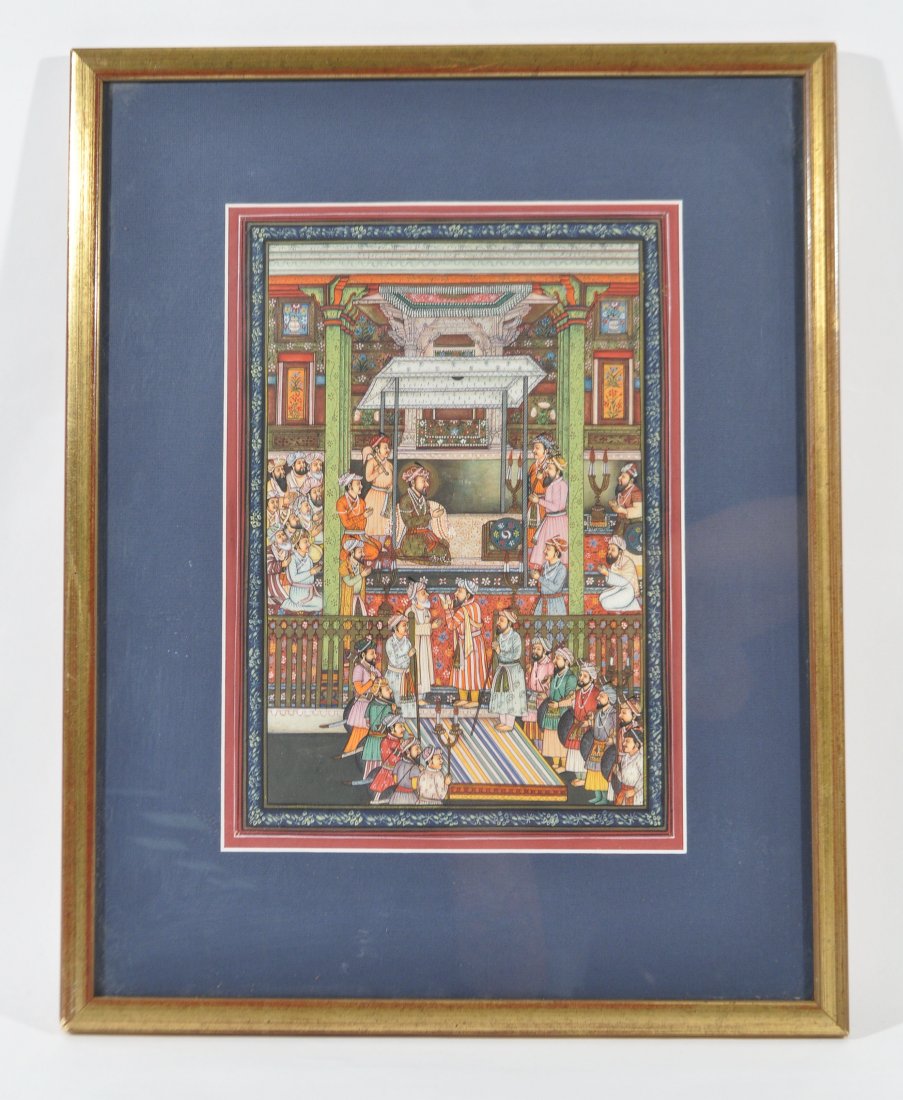 MUGHAL MINIATURE PAINTING: Untitled (depicting a nobleman holding court.) late 19th/ 20th century.Painting on paper. Dimensions: Framed H 17.5" W 13", sight H11.5" x W 8"Condition: good