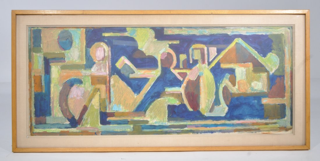 MAURICE GOLUBOV (RUSSIAN / AMERICAN 1905 - 1987): Untitled (abstract shapes and colors.)Pencil, oil on paper signed lower right M GOLUBOV. Dimensions: Frame H 18.5" x W 39.25", sight H 14" x W 34.5" Condition: good, crease to the paper on the upper r