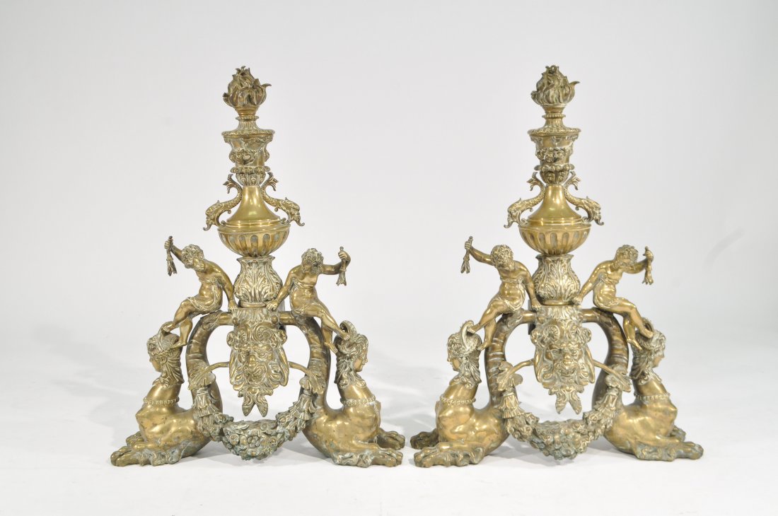 PAIR OF BAROQUE STYLE BRASS ANDIRONS (1 of 10)