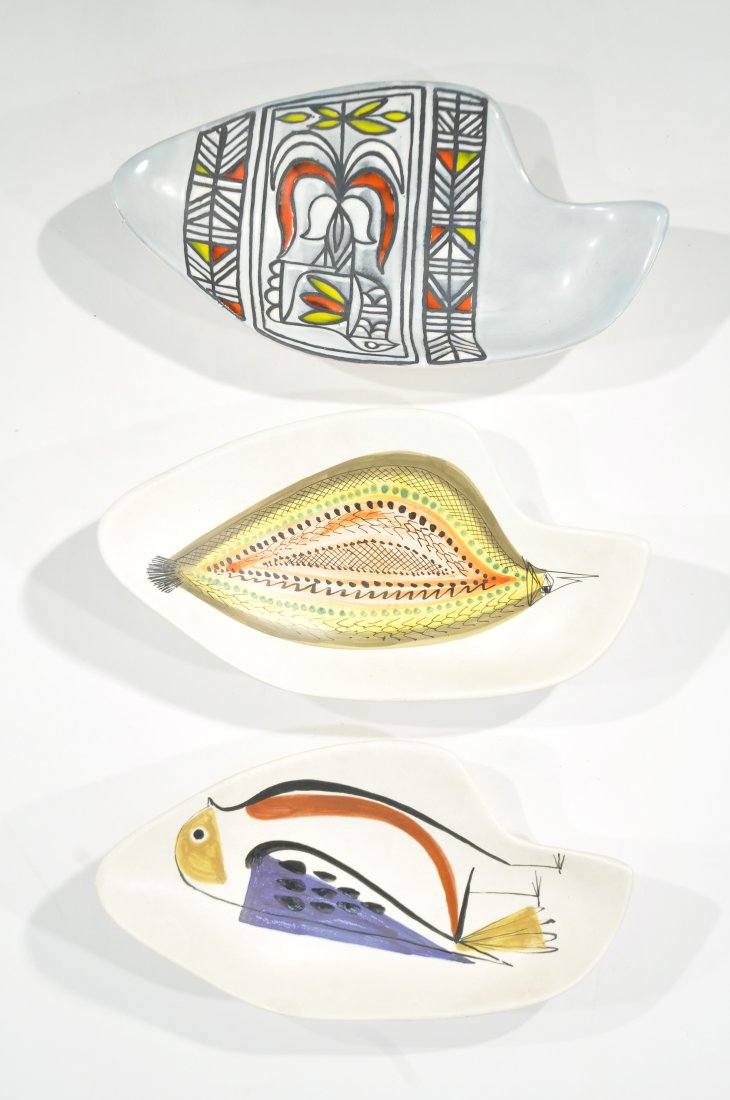 (3) ROGER CAPRON CERAMIC PLATTERS: All signed Capron to bottom, ceramicDimensions: H 19" x W 12" x D 5"Condition: good, chip to nose on bottom pictured, chip to base on middle pictured
