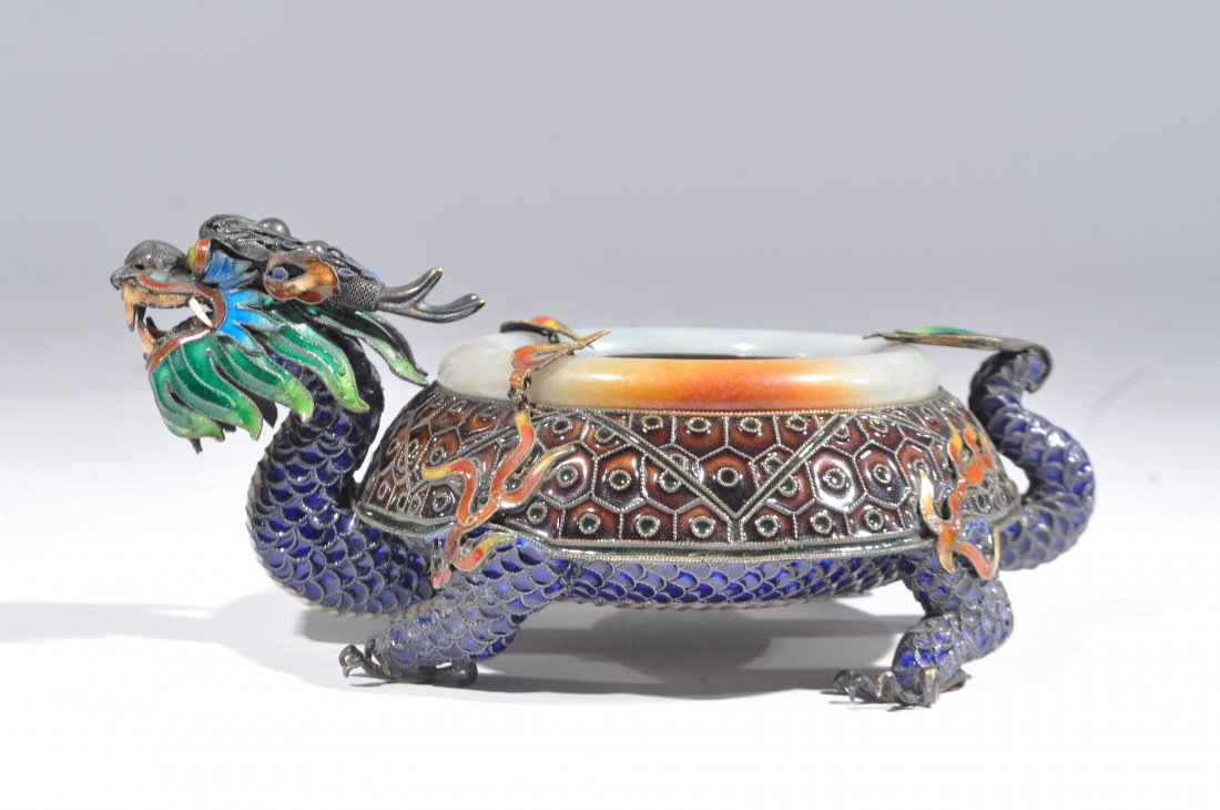 CHINESE ENAMEL AND SILVER DRAGON ASHTRAY (1 of 6)