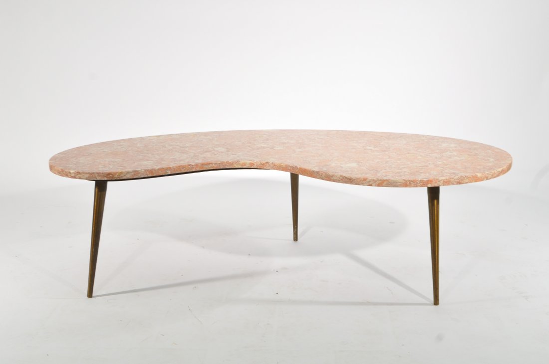 MARBLE TOP AMOEBA TABLE: Dimensions: H 15.5" x W 53" x D 27"Condition: good, pitting to brass legs