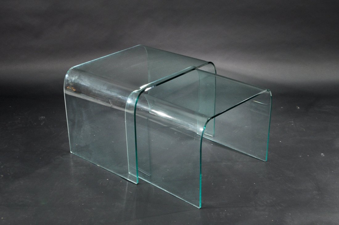 PAIR OF MOLDED GLASS NESTING END TABLES: Dimensions: H 18" x W 24" x D 19" largerCondition: good