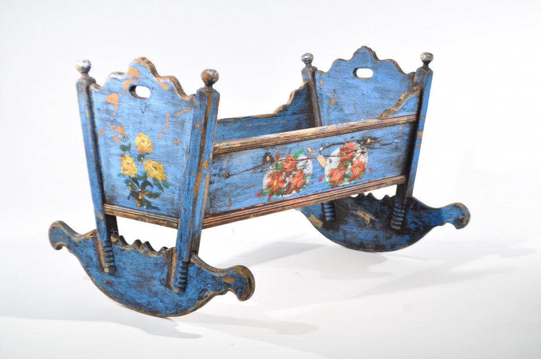 FRENCH COUNTRY PAINTED CRADLE: Dimensions: H 24" x W 36" x D 19"Condition: good, vintage wear