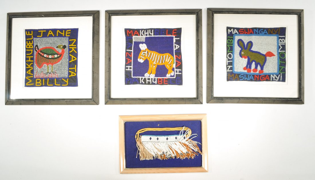 BEAD ART FROM SOUTH AFRICA: From L to R Zebra-Billy Makhubele Jane Nkata, rabbit - Hombi, Maswanga Nyi,ntombi, chicken Maswanga Nyi and a set of beads in a mounted in a frame.Dimensions: Frame H 22" x W 22", sight H 13" x 13" (L