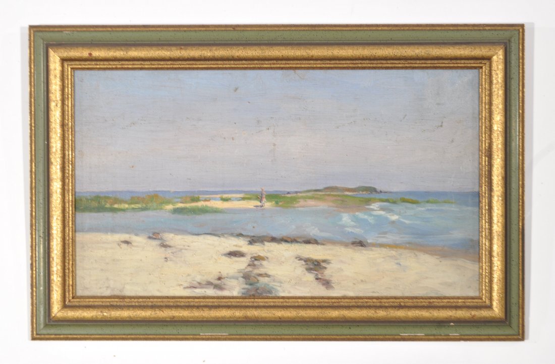 ATTR. WILLIAM MERRITT POST (AMERICAN 1859-1935): Oil on board, unsigned, stamped to back "Estate of William Merrit Post"Dimensions: H 10.5" x W 16.5 frame; H 7.5" x W 13.5" sightCondition: good, some surface dirt, some small losses to paint on surfa