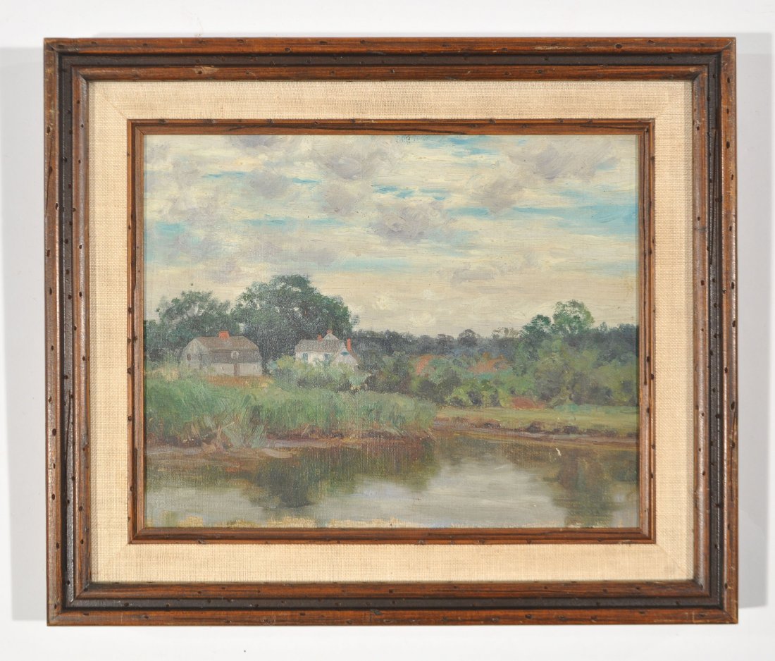 ATTR. WILLIAM MERRITT POST (AMERICAN 1859-1935): Oil on canvas, unsigned, stamped on the back 'Estate of William Merritt Post'Dimensions: H 11.25" x W 13.25" frame; H 7.25" x W 9.75" sightCondition: overall good, some surface scratches to lower righ