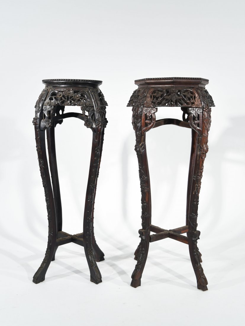 (2) CHINESE CARVED WOOD AND MARBLE STANDS (1 of 10)