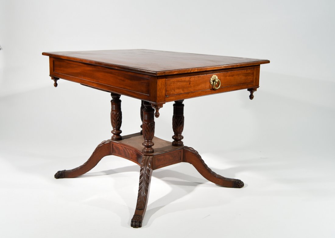 DUNCAN PHYFE STYLE CENTER TABLE: Circa 1815, mahogany Dimensions: H 27" x W 39" x D 27"
