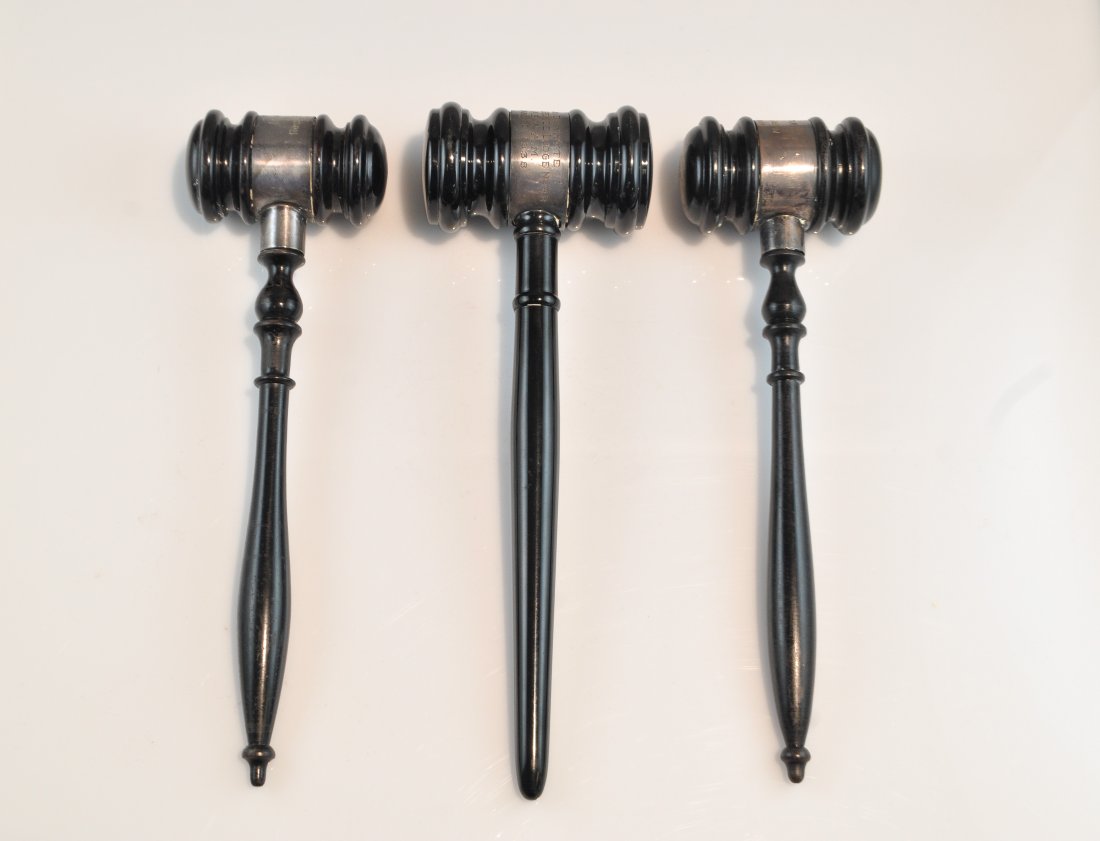 3 B&O RAILROAD STERLING GAVELS: Finished and lacquered wood, sterling presentation plaques Dimensions: H 8.5" x W 3" x D 1.5"