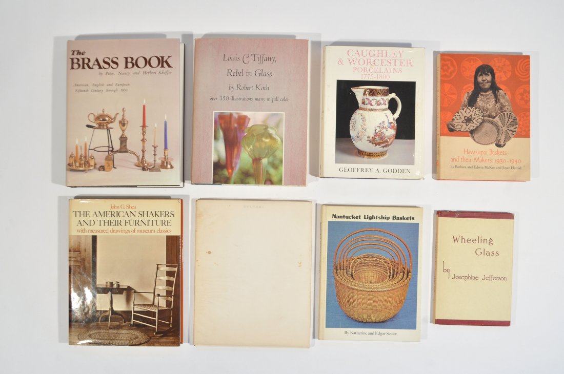 GROUPING OF COLLECTIBLE & CRAFT BOOKS: Wheeling Glass by Josephine Jefferson, Havasupai Baskets and their Makers: 1930-1940 by Barbara and Edwin McKee and Joyce Herold, Nantucket Lightship Baskets by Katherine and Edgar Seeler, Caughley & 