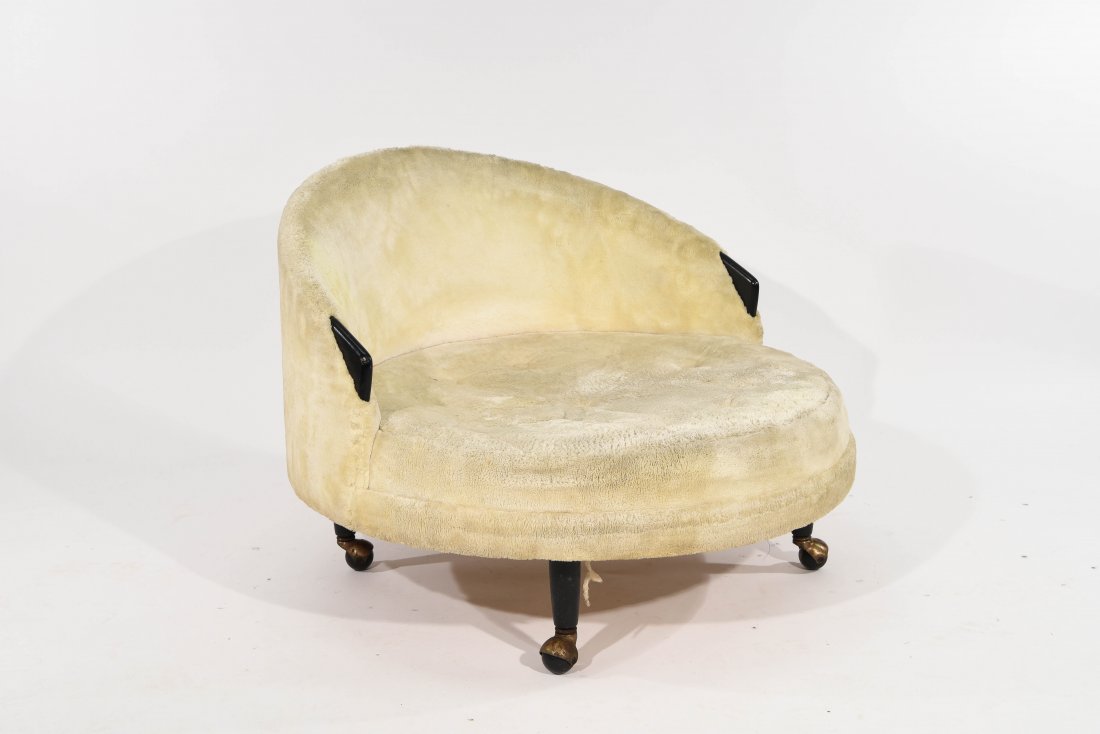 ADRIAN PEARSALL 'HAVANA' LOUNGE CHAIR: Oversized lounge chair on castors, unmarked Dimensions: H 20.5" x D 37" Condition: fair, oxidization to foam, stain to upholstery on arm