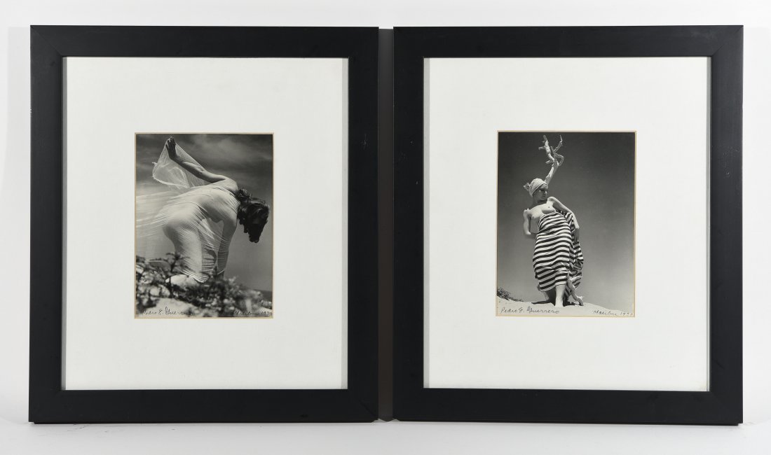 PEDRO GUERRERO (AMERICAN 1917-2012): Two Untitled (female holding flowers and part nude leaning on a tree.), Malibu, 1939 Vintage silver gelatin prints, signed lower left, place and date lower right on ink. Dimensions: Frame H 15 3/8" x 