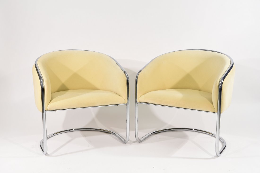 PAIR OF ANTON LORENZ; THONET CANTILEVERED CHAIRS: Creme velvet upholstery, chrome tubular frame Dimensions: H 29" x W 28" x D 27" Condition: good, very clean, and plush, chrome is bright