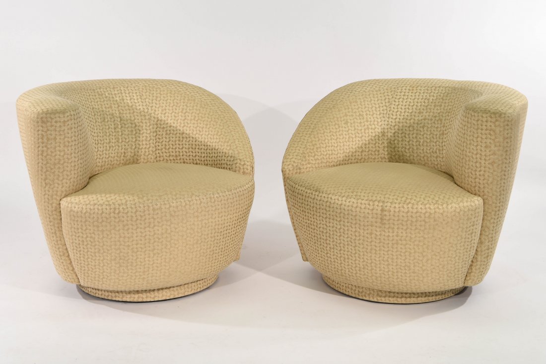 PAIR OF VLADIMIR KAGAN 'NAUTILUS' CHAIRS: Dimensions: H 29.5" x W 36.5" x D 35" Condition: good, light mark to front of one, overall clean and plush, presenting nicely