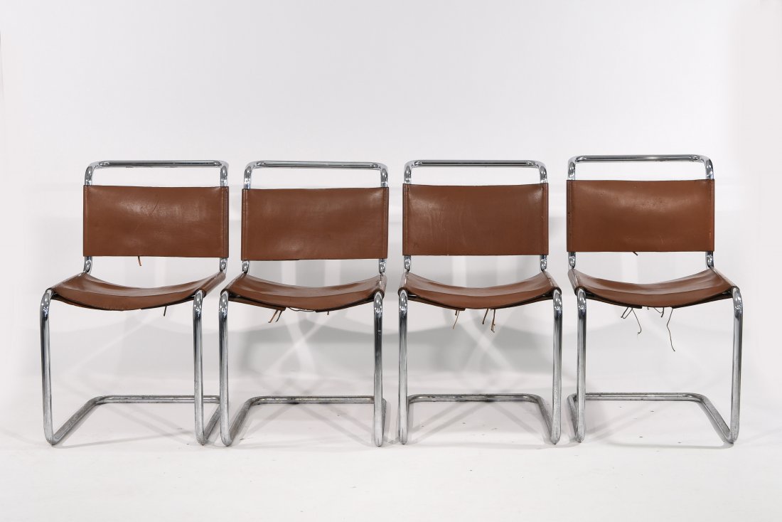 (4) KNOLL SPOLETO CHAIRS: Edificio Tecnico, designed in 1971, tubular steel and leather, unmarkedDimensions: H 31.5" x W 18.25" x D 24.5"Condition: fair, some rust spots to frame, creasing and small tears to leather along edge