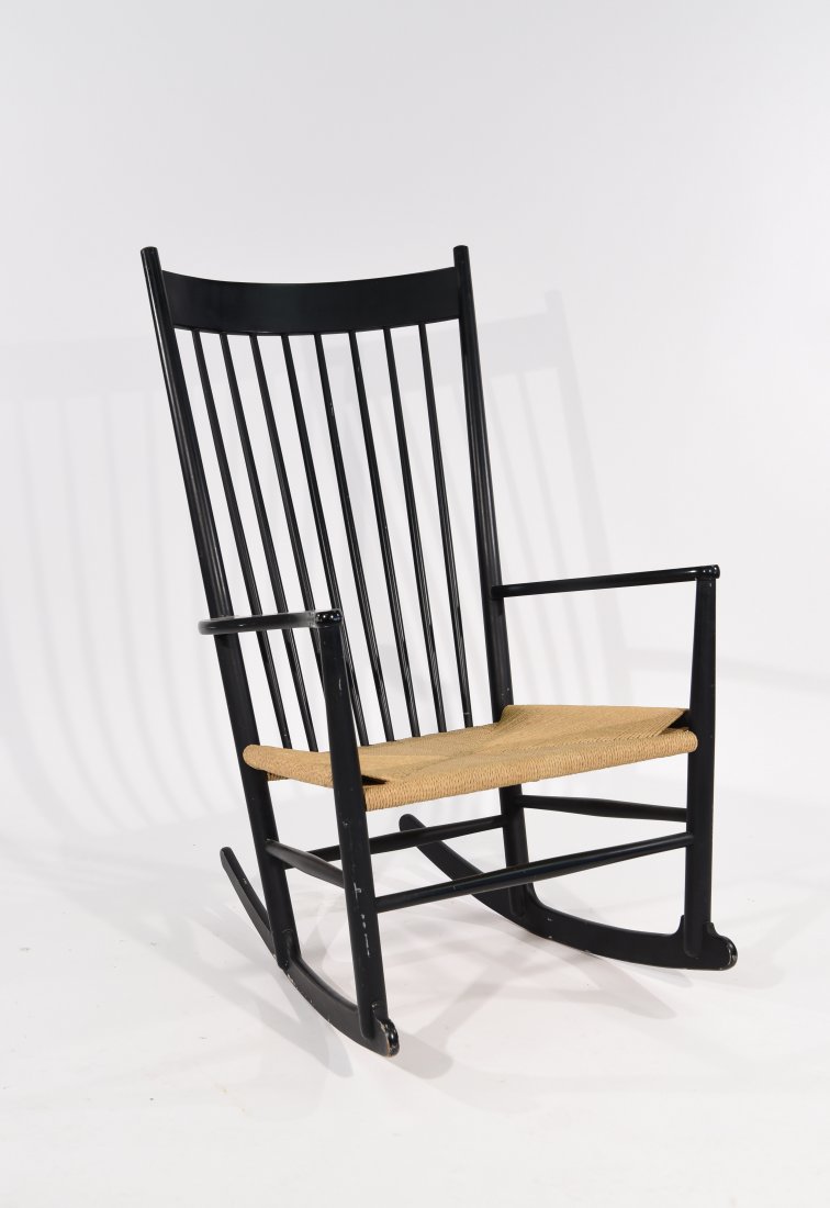 HANS WEGNER DANISH ROCKING CHAIR: Dimensions: H 42" x W 25" x D 20" Condition: some paint losses to frame from use, caning is good