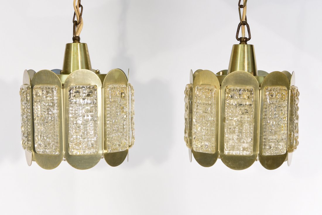 PAIR OF CARL FAGERLUND; ORREFORS PENDANTS: Brass, glass, unmarked Dimensions: H 8" x D 7" Condition: good, no chips, cracks, or repairs observed