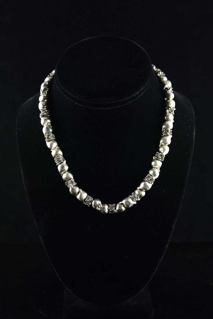MICHAEL DAWKINS STERLING NECKLACE: Description: Sterling Silver Popcorn Bead Cluster with sterling pod accents and toggle closure. Weight: 2.86 ozt Dimension: 16" full length, 8" closed Condition: Good