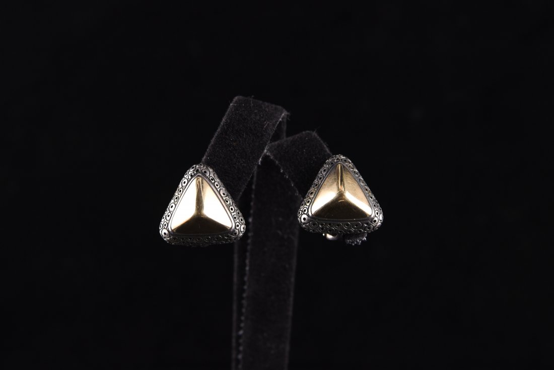 PEDRO BOREGAARD STERLING & 14K EARRINGS: Description: Pyramid shaped marked sterling with 14 K gold, post and tension closures Weight: 9.5 dwt Dimension: H .75" x W .75" x D .5" Condition: Good