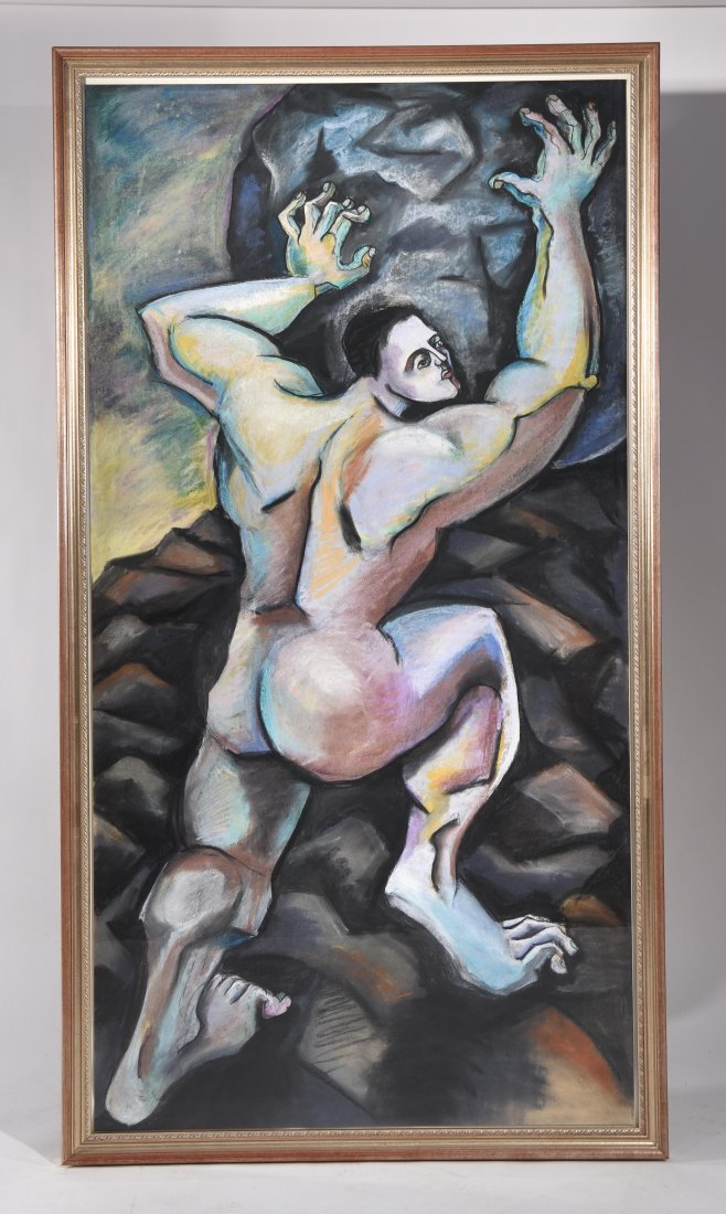 20TH CENTURY CUBIST FIGURAL PASTEL: Untitled (male nude climbing on rocks) Pastel on paper, not signed Dimensions: Frame H 63" x W 34.5", paper H 59" x W 30.5" Condition: good