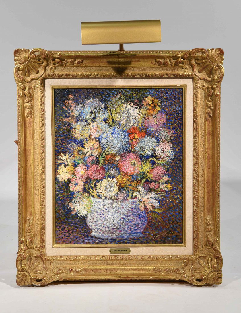 LUCIEN NEUQUELMAN ( FRENCH 1909-1988): Untitled (still-life of flowers in a pot.) Oil on canvas,signed lower right Dimensions: H 27" x W 23" frame; H 18" x W 14.5" sight Condition: good