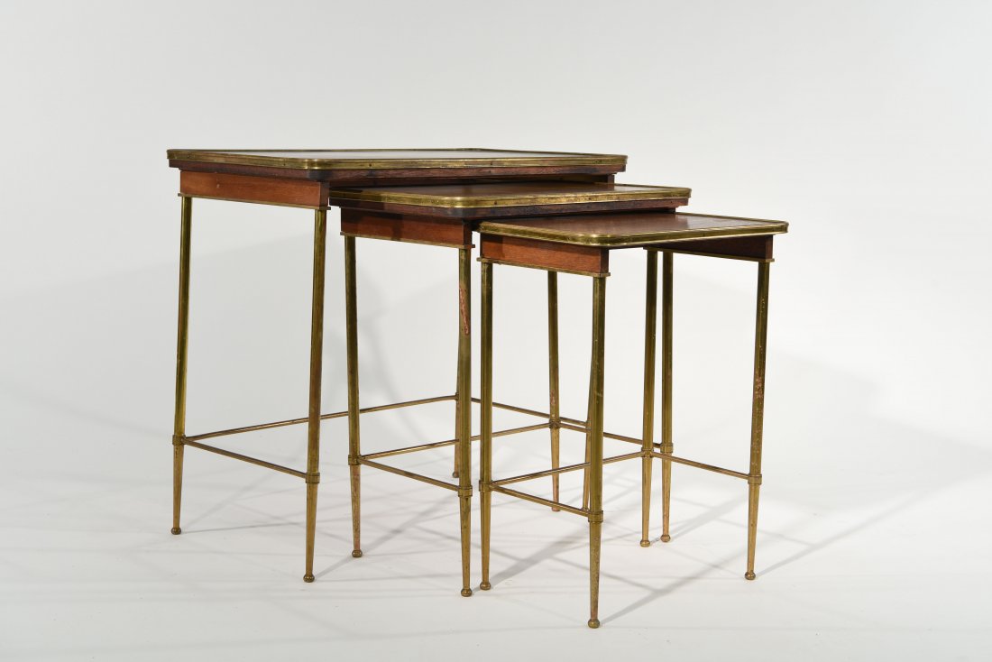 THREE BRASS AND WOOD NESTING TABLES (1 of 6)