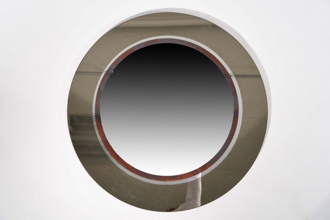 SMOKED GLASS MIRROR: Dimensions: H 1.25" x 30" (Diameter) Condition: Very Good. Presents well. Very light wear around outer mirror.