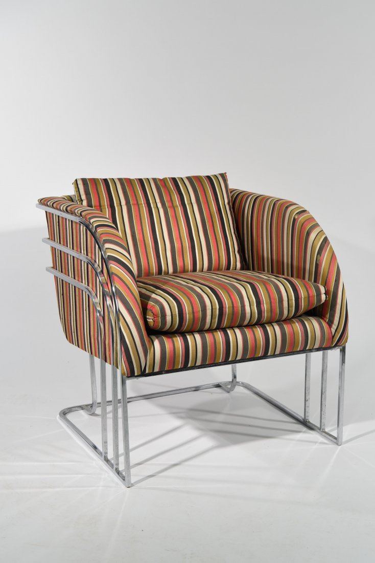 MILO BAUGHMAN STYLE CANTILEVER CHAIR: Dimensions: H 26.5" x W 26.5" x D 28" Condition: Good, needs upholstery.
