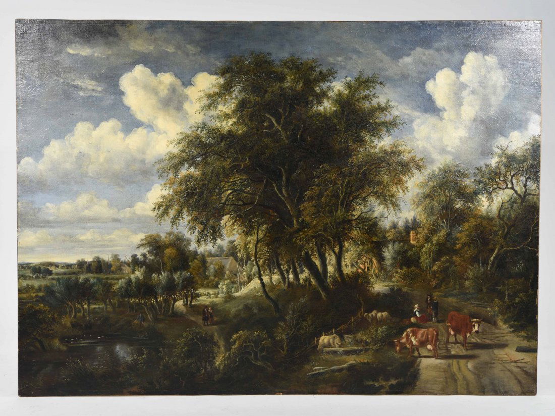 MEINDERT HOBBEMA OLD MASTER PAINTING: Mid 18th C. Oil on canvas, laid down. Dimensions: H 36.5" x W 50"