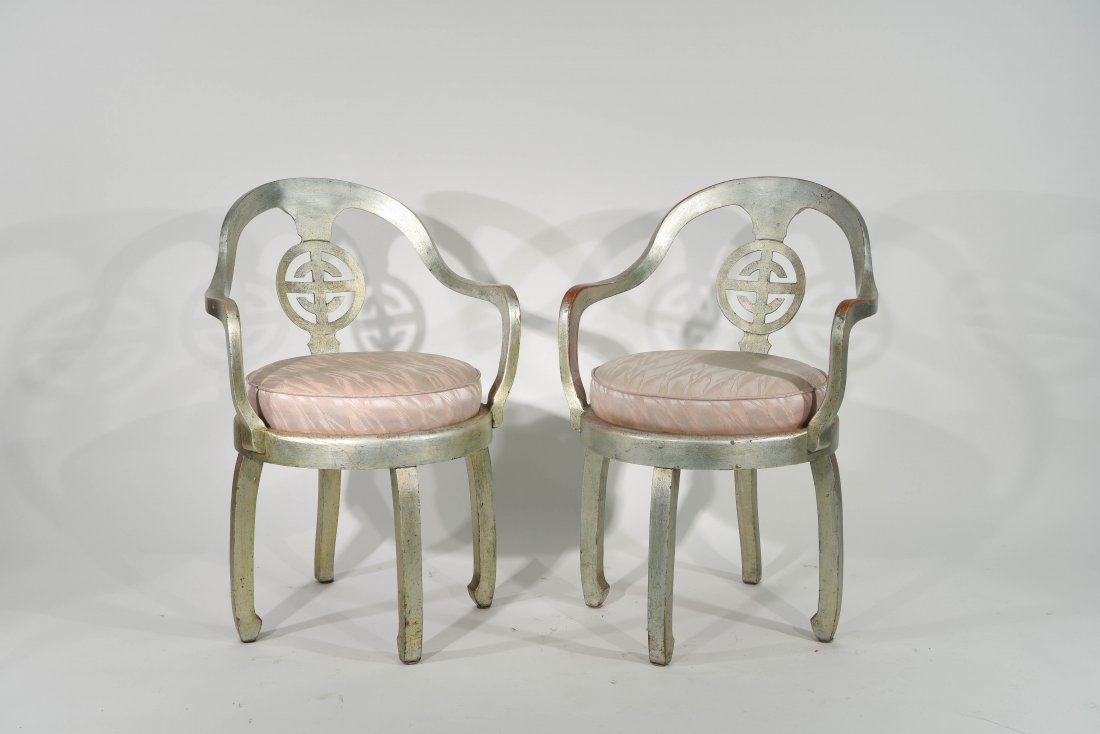 DESIGNER SILVER GILT CAST ALUMINUM ARMCHAIRS: Dimensions: H 32.5 x W 22" x D 20" Condition: Good. Some light wear to paint, seats are clean and plush.