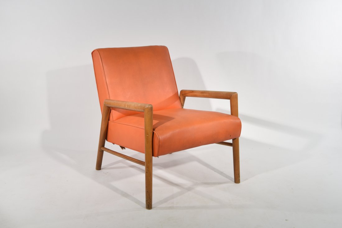 MID-CENTURY ROBSJOHN GIBBINGS LOUNGE CHAIR: Vinyl, spring seat, unmarked. Dimensions: H 31" x W 24" x D 32" Condition: Good. Wear to finish from use.